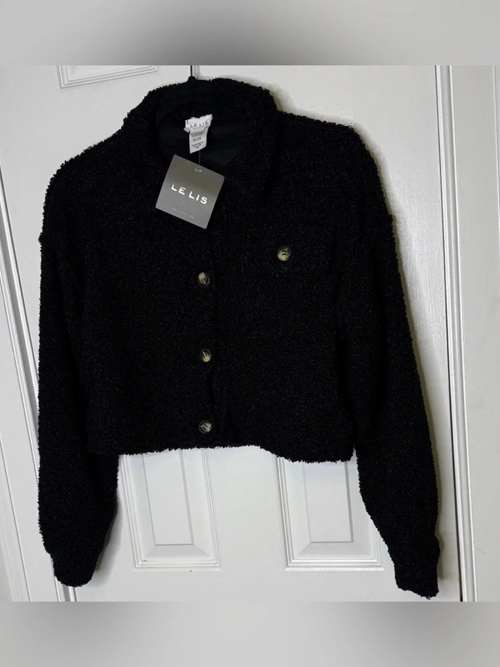 Black Bouclé Cropped Jacket - Women Jackets & Coats - Picture 3 of 3